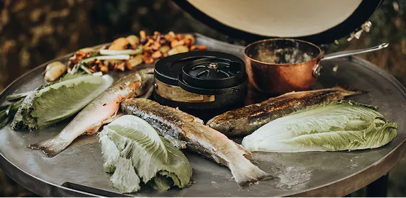 Monolith Outdoorküche auf einer modernen Veranda mit Garten