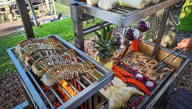 Frisches Gemüse und Fleisch auf einem Tagwood Grill, bereit zum Grillen.
